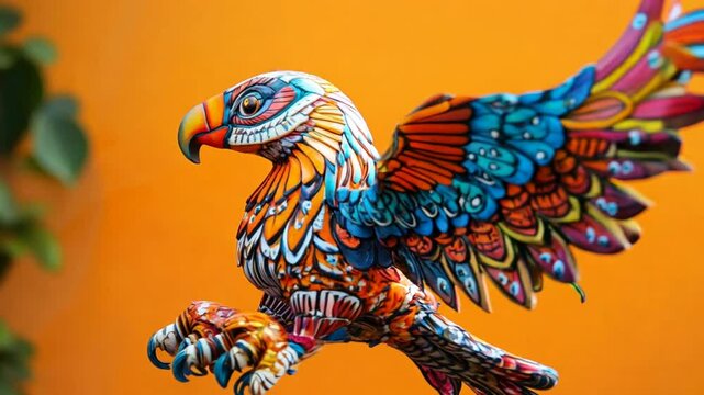 A colorful bird with a blue and orange wing is flying in the air