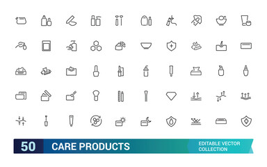 Care products icons collections. set off Thin line pictogram of lotion, powder, lipstick, mascara Outline icon collection. Editable stroke icons.