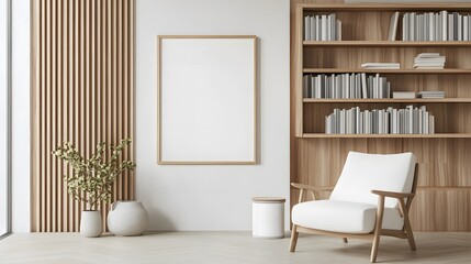 A mockup of an empty, blank poster frame in a modern interior with bookshelves and a white armchair, featuring light wood tones and a minimalistic style
