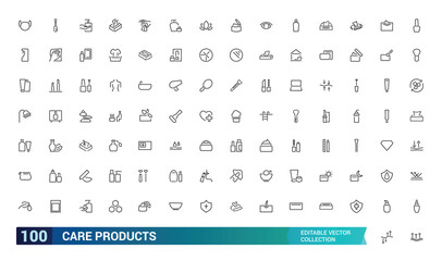 Care products icons collections. set off Thin line pictogram of lotion, powder, lipstick, mascara Outline icon collection. Editable stroke icons.