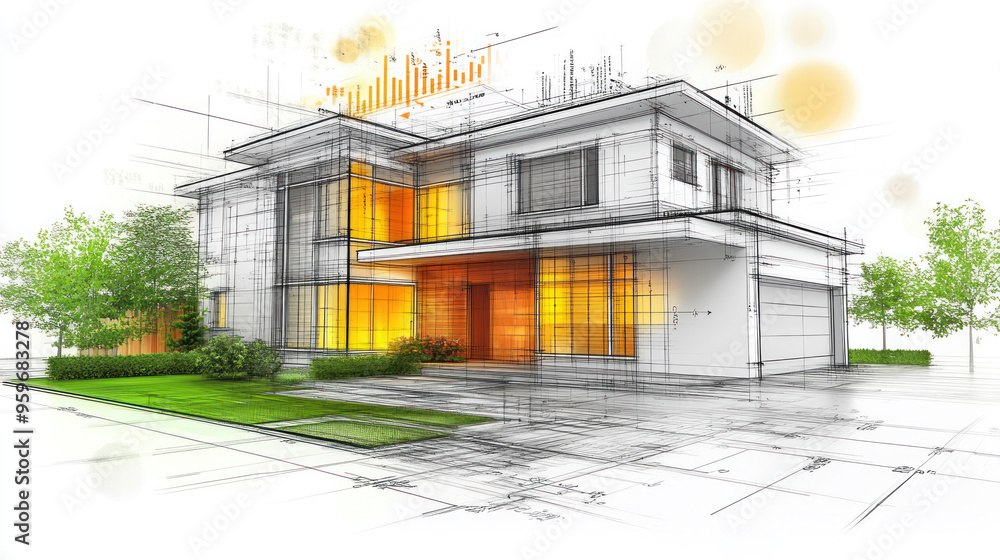 Poster a house with a large front porch and a large window. the house is white and has a green tree in the 