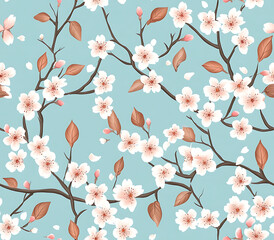 8. Pattern of cherry blossoms in soft pinks with branches and leaves on a serene sky-blue background 