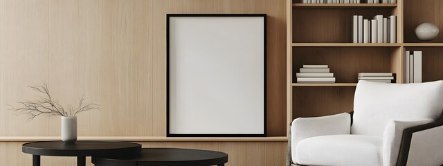 A mockup of an empty, blank poster frame in a modern interior with bookshelves and a white armchair, featuring light wood tones and a minimalistic style
