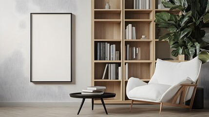 A mockup of an empty, blank poster frame in a modern interior with bookshelves and a white armchair, featuring light wood tones and a minimalistic style