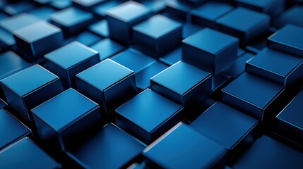 Dynamic 3D blue squares, staggered depth, sharp contrast, reflective surfaces. Abstract and Minimalistic Design Backgrounds