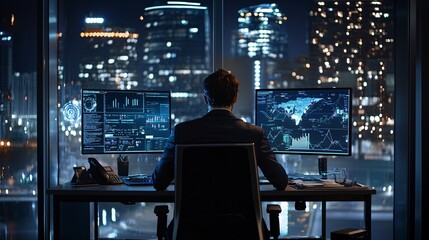 Fototapeta premium A focused analyst reviews data on dual screens at a sleek workstation, immersed in decision-making within a contemporary digital environment.