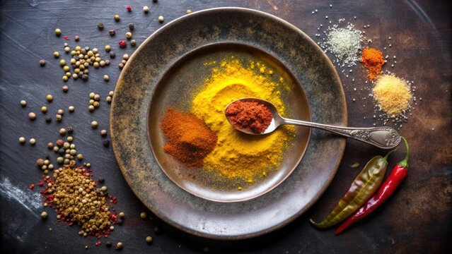 Spices and Chili Peppers on a Rustic Plate