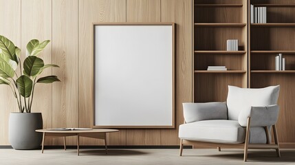 A mockup of an empty, blank poster frame in a modern interior with bookshelves and a white armchair, featuring light wood tones and a minimalistic style