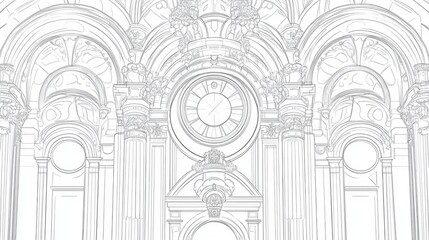 Line art illustration showcasing a church facade in Baroque style featuring decorative arches circles and intricate details characteristic of cultural heritage in a Catholic temple