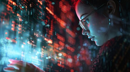 A digital hologram and tablet user considers data analytics and cybersecurity, while a tech expert with glasses programs on a 3D screen.