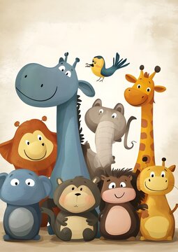 Cartoon illustration of a giraffe, elephant, monkey, and other animals on a beige background. Template for greetings cards