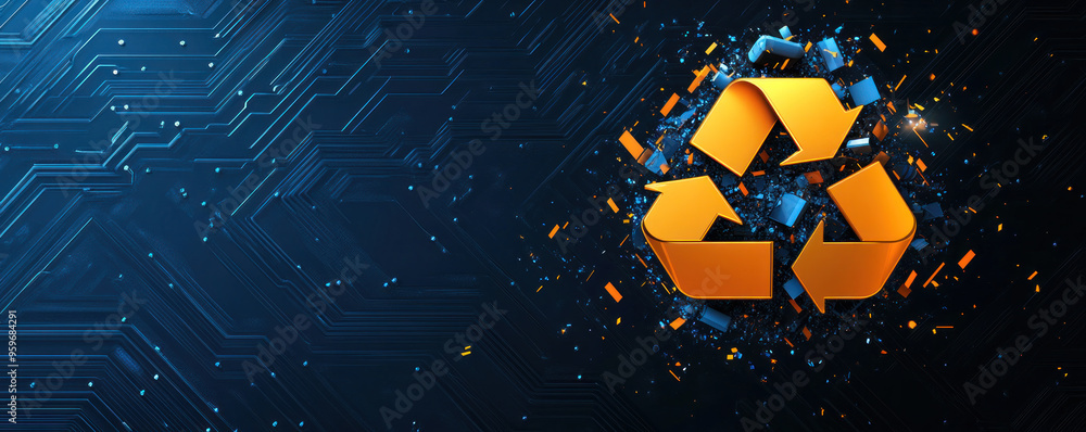 Poster a computer screen with a recycling symbol on it. the recycling symbol is orange and is surrounded by