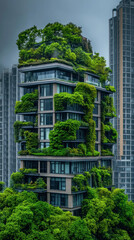 Obraz premium A tall building covered in green plants. The building is surrounded by trees and has a lush green appearance