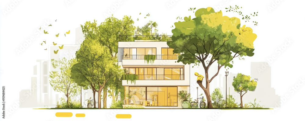 Poster a large building with a tree in front of it. the tree is green and has leaves. the sky is blue