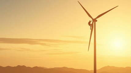 Obraz premium Technician climbing a wind turbine tower at sunrise, flat vector style, warm tones