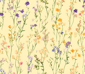 9. Delicate pattern with small, scattered wildflowers in various colors on a soft, pastel yellow background 