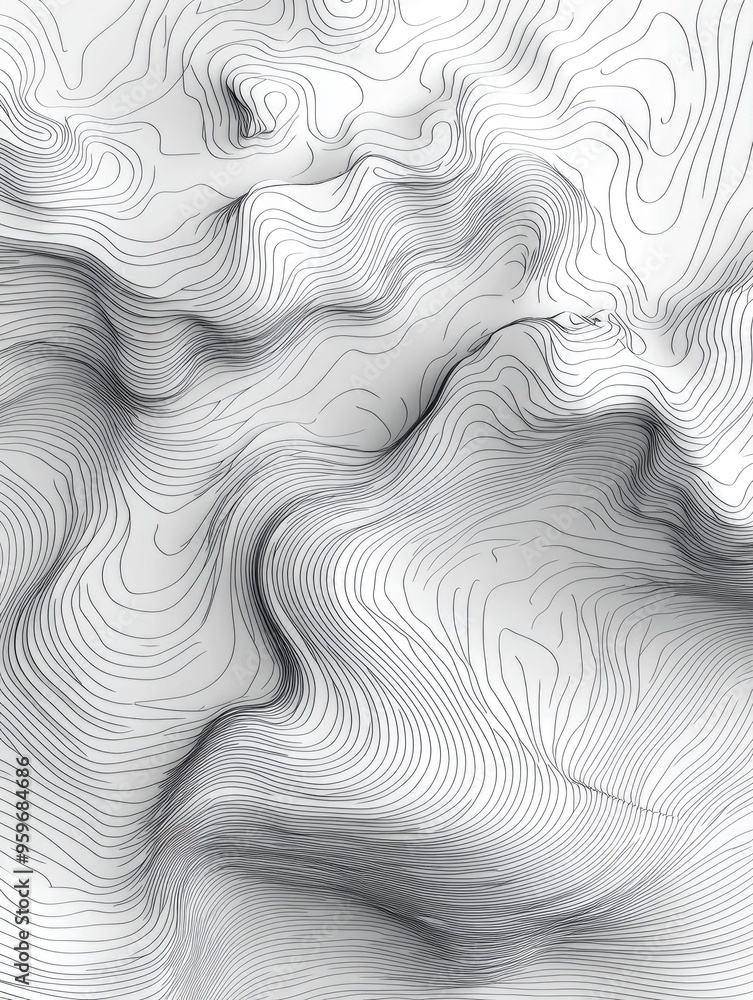 Poster line art illustration showcasing a 3d topographic map featuring abstract representations of hills va