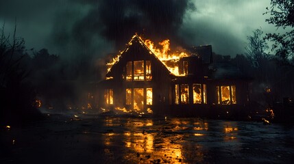 Fototapeta premium A burning house at night, rain pouring down in sheets, the contrast of fire and water creating dramatic smoke and steam, glowing embers in the dark