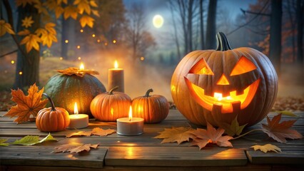 Halloween celebration, carved pumpkins with candles, autumn leaves, festive atmosphere, copy space