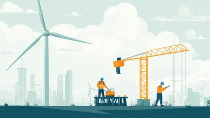 Obraz premium Technicians performing maintenance on wind turbine foundations, flat vector style, natural colors