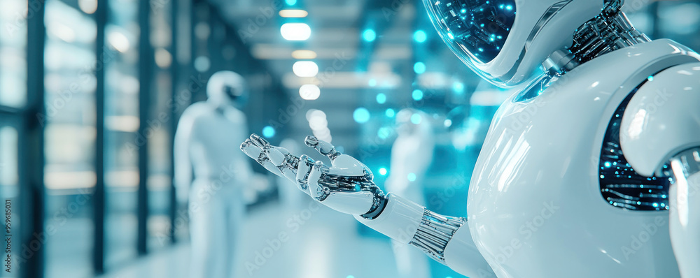 Poster a robot is holding a white object in its hand. the robot is surrounded by a white background and the