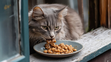 A sweet, gray cat happily gobbles up its wet food from a plate on the windowsill.  It's clear this kitty is healthy and enjoys its meal.