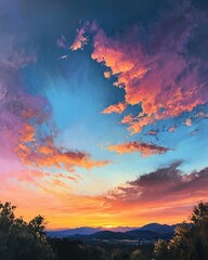 Oil painting depicting a stunning sunset panorama showcasing vibrant colors and serene skies
