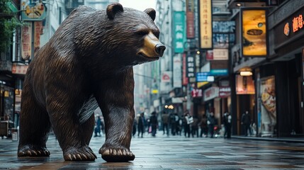 Imposing bear walking steadily down a bustling Taipei city street, symbolizing a declining market, surrounded by tall buildings, modern urban environment, overcast skies