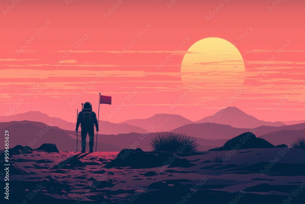 Poster astronaut standing on a distant planet with a sunset in the background