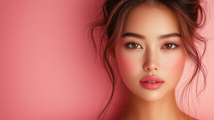 Fototapeta premium A young Korean woman poses against a vibrant pink background showcasing her radiant skin and natural beauty during a spring afternoon