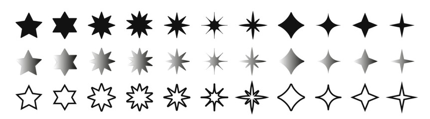Stars black collection. Different star shapes, starburst star icon. 