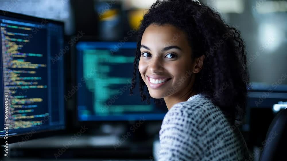 Poster young woman coding at a computer desk in a modern tech office during the afternoon, african american