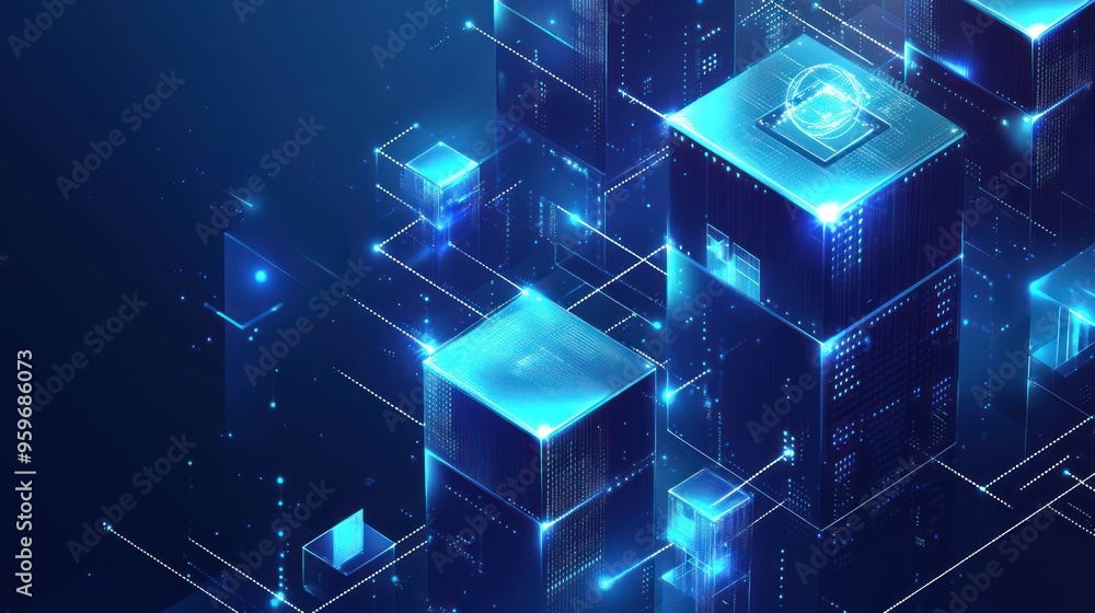 Poster abstract digital network with glowing cubes and lines