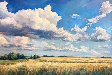 Obraz premium Oil painting depicting an agricultural landscape with a vibrant blue sky and fluffy white clouds