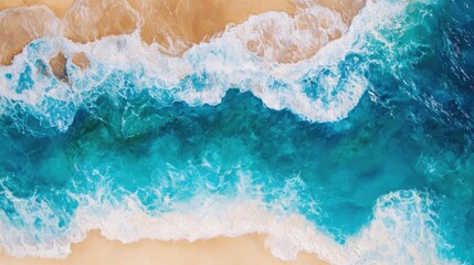 Oil painting capturing a summer seascape featuring vibrant blue waters under sunlight Aerial view showcasing the surf and sandy beach of a picturesque tropical coastline