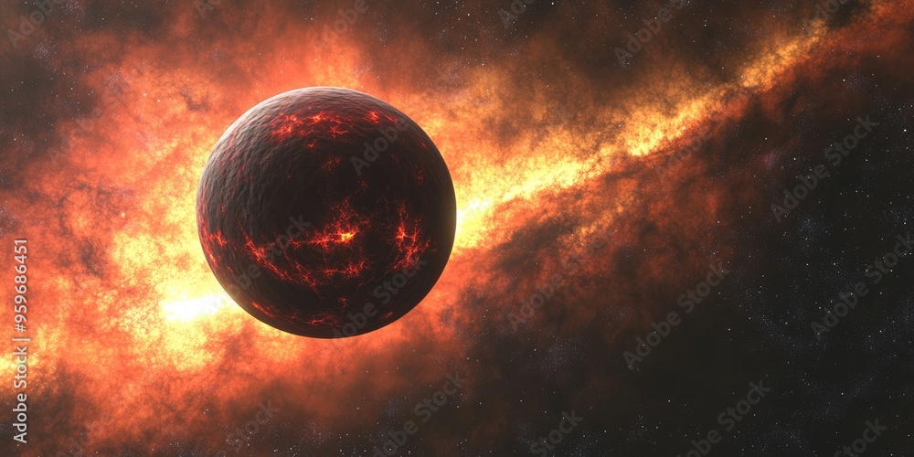 Poster abstract depiction of a planet with solar flares in a vast cosmic setting star nebula contrasting wi