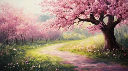 Oil painting depicting a blossoming cherry tree in an orchard showcasing a serene natural landscape