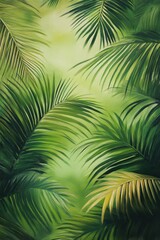 Oil painting depicting a lush green tropical backdrop featuring palm leaves in a garden setting showcasing natural elements and tranquility