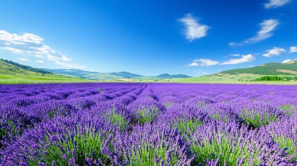Fototapeta premium A scenic view of a field of lavender blossoms under a blue sky with white clouds.