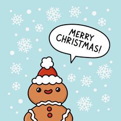 Winter holiday card with Christmas gingerbread man and decorated snowflackes. Funny cartoon character. Xmas traditional cookies with icing. Festive New Year illustration