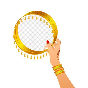Vector illustration of karwa chauth element with woman hand on transparent background