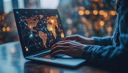 Technical support customer service concept featuring a software engineer using a laptop, with global network, internet technology, and IT support elements