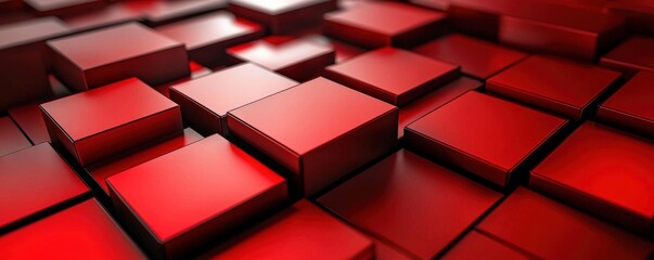 Dynamic 3D red squares, staggered depth, sharp contrast, reflective surfaces. Abstract and Minimalistic Design Backgrounds
