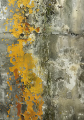 Fototapeta premium Concrete wall, aged with lichen spots, earthy yellow and green shades.