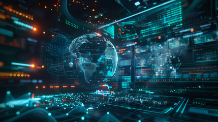 Futuristic digital infographic, holographic globe, interactive graphs and data points, global financial predictions, advanced analytics