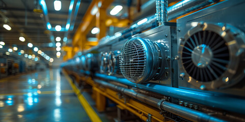 Obraz premium Industrial air purification unit with visible airflow and filtration, set in a busy manufacturing space