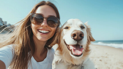 cheerful scene of a woman and her dog enjoying a beach day, taking a selfie together against a scenic coastal backdrop. Ideal for showcasing the happiness of pet ownership and the