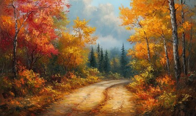 Fototapeta premium Oil painting depicting an autumn landscape with a scenic forest road and colorful foliage along the pathway
