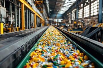 Plastic Waste Being Sorted on Conveyor Belt in Recycling Factory