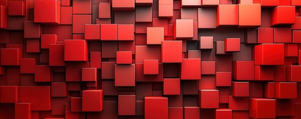 Symmetrical 3D red squares with varying sizes, floating in depth, luminous accents. Abstract and Minimalistic Design Backgrounds